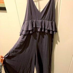 Wide leg ruffle jumpsuit with adjustable straps